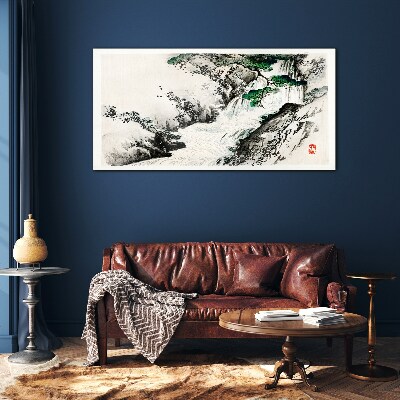 Waterfall in a mountain landscape Glass Wall Art