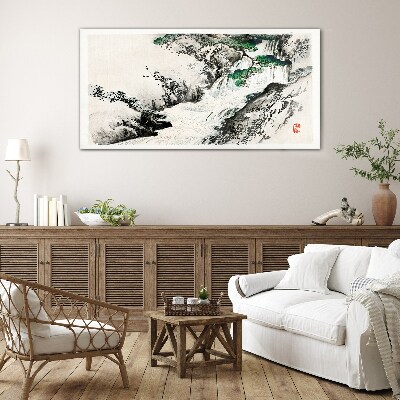 Waterfall in a mountain landscape Glass Wall Art