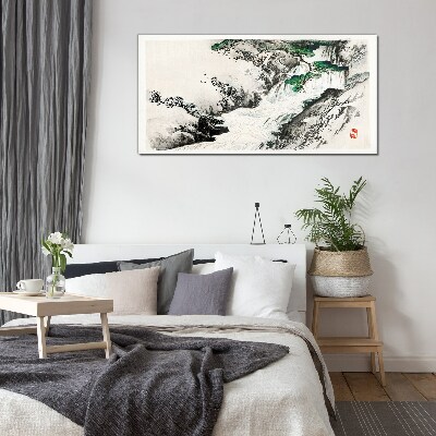 Waterfall in a mountain landscape Glass Wall Art