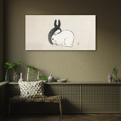 Black and white rabbit in harmony Glass Wall Art