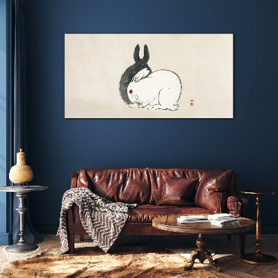 Black and white rabbit in harmony Glass Wall Art