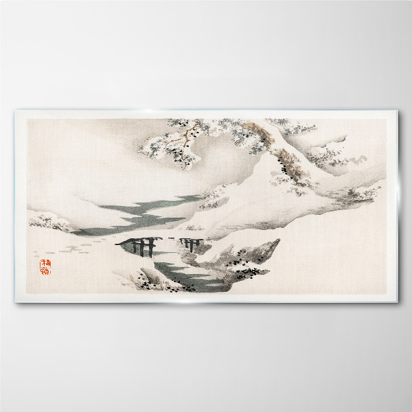Winter landscape with a bridge Glass Wall Art