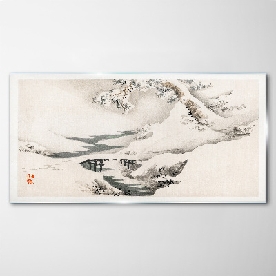 Winter landscape with a bridge Glass Wall Art