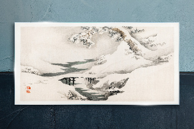 Winter landscape with a bridge Glass Wall Art
