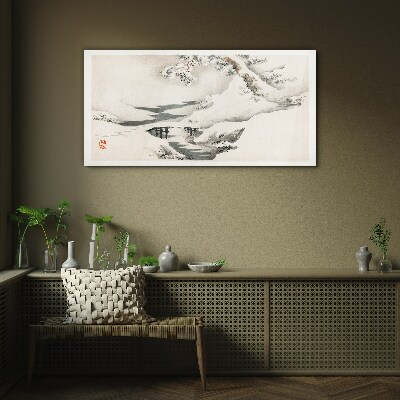 Winter landscape with a bridge Glass Wall Art