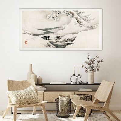 Winter landscape with a bridge Glass Wall Art