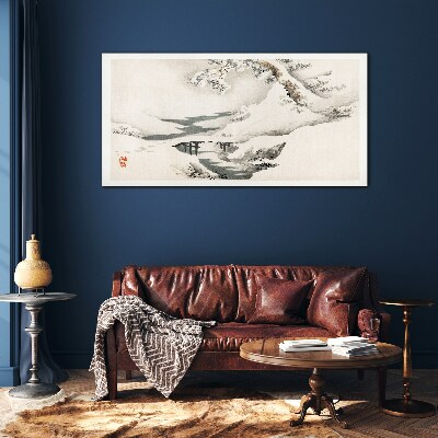 Winter landscape with a bridge Glass Wall Art