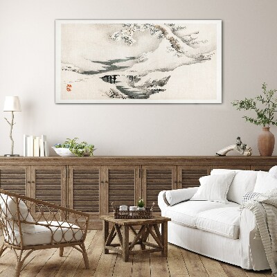 Winter landscape with a bridge Glass Wall Art