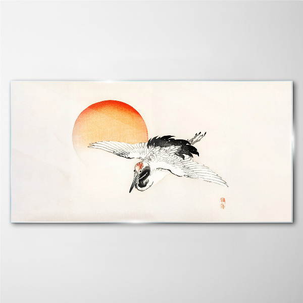 Golden Dawn with Crane Glass Wall Art