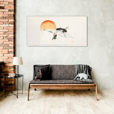 Golden Dawn with Crane Glass Wall Art