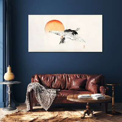 Golden Dawn with Crane Glass Wall Art