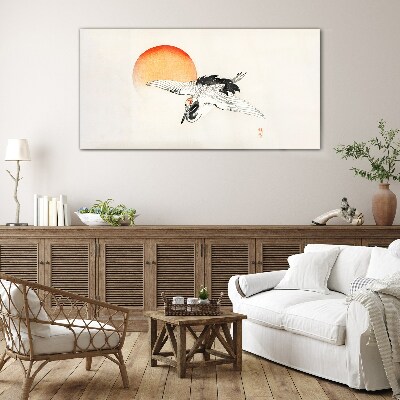 Golden Dawn with Crane Glass Wall Art