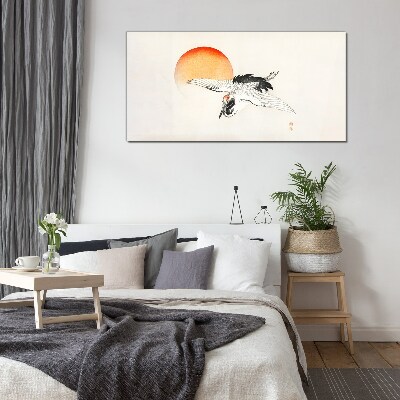Golden Dawn with Crane Glass Wall Art