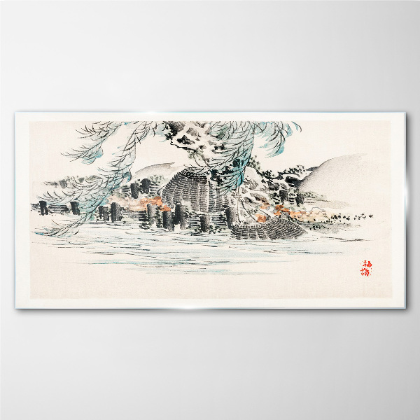 A peaceful landscape with a mountain lake Glass Wall Art