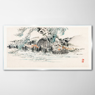 A peaceful landscape with a mountain lake Glass Wall Art