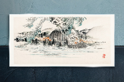 A peaceful landscape with a mountain lake Glass Wall Art