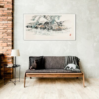 A peaceful landscape with a mountain lake Glass Wall Art
