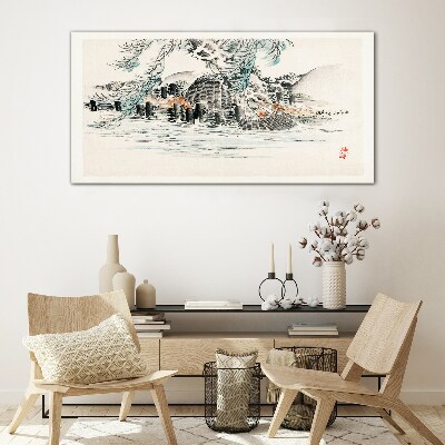 A peaceful landscape with a mountain lake Glass Wall Art