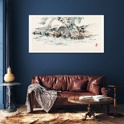 A peaceful landscape with a mountain lake Glass Wall Art