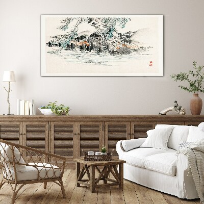 A peaceful landscape with a mountain lake Glass Wall Art