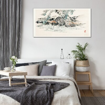 A peaceful landscape with a mountain lake Glass Wall Art