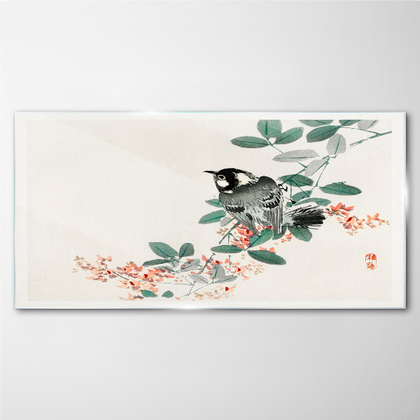 Bird on a background of flowers Glass Wall Art