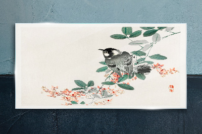 Bird on a background of flowers Glass Wall Art