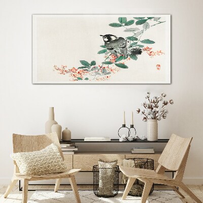 Bird on a background of flowers Glass Wall Art