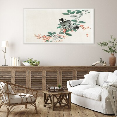 Bird on a background of flowers Glass Wall Art