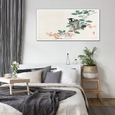 Bird on a background of flowers Glass Wall Art