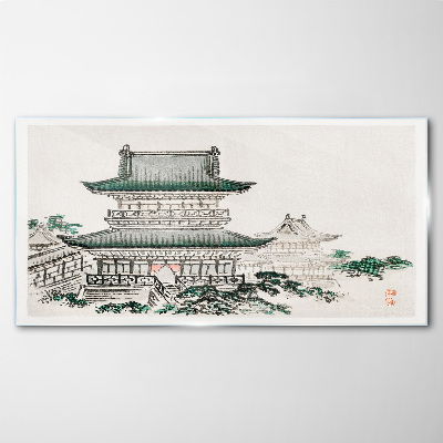 Traditional landscape with a pagoda Glass Wall Art