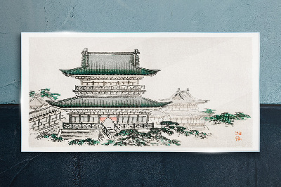 Traditional landscape with a pagoda Glass Wall Art