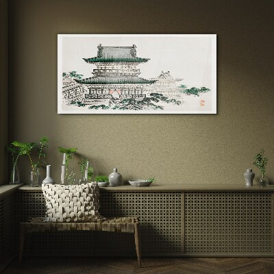 Traditional landscape with a pagoda Glass Wall Art