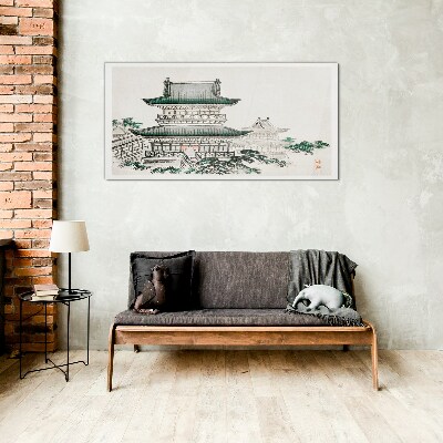 Traditional landscape with a pagoda Glass Wall Art