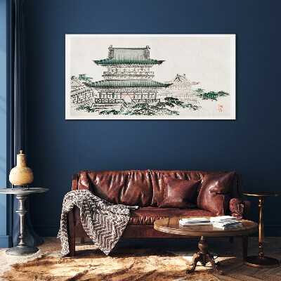 Traditional landscape with a pagoda Glass Wall Art