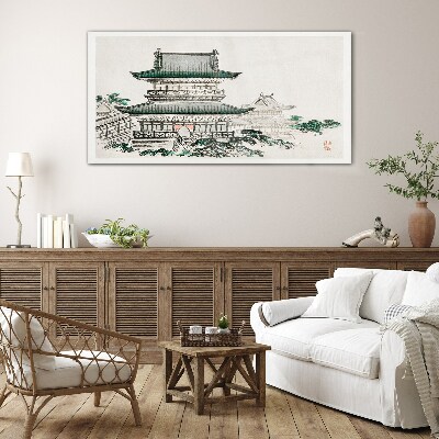 Traditional landscape with a pagoda Glass Wall Art