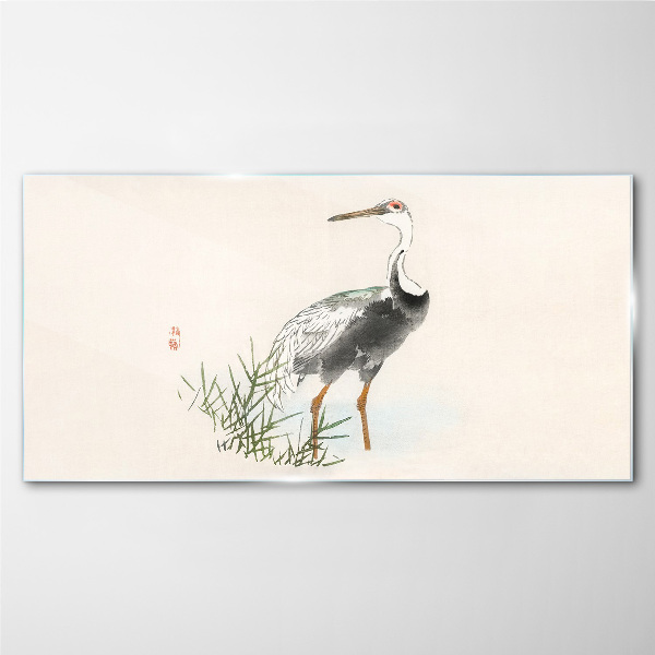 Black stork on the grass background Glass Wall Art