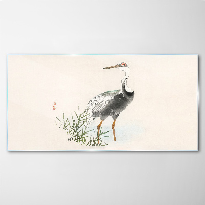 Black stork on the grass background Glass Wall Art