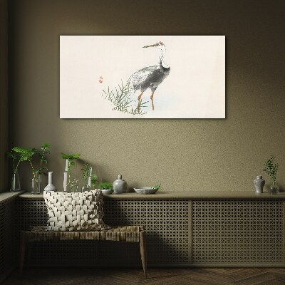 Black stork on the grass background Glass Wall Art