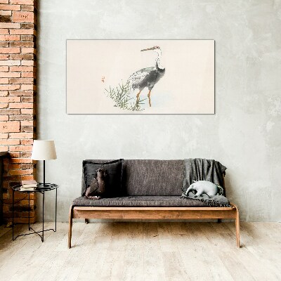 Black stork on the grass background Glass Wall Art