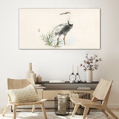 Black stork on the grass background Glass Wall Art