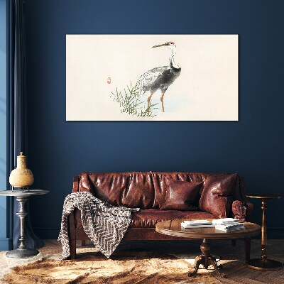Black stork on the grass background Glass Wall Art