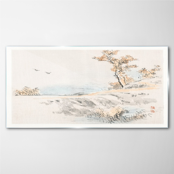 Sea birds trees path Glass Wall Art