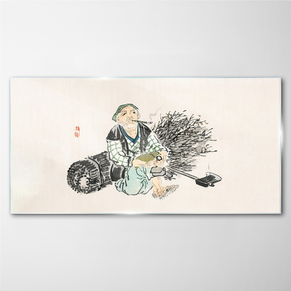 Old man with a broom Glass Wall Art
