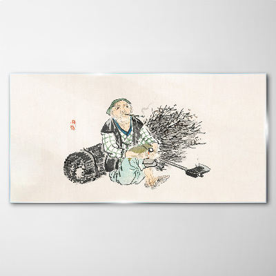 Old man with a broom Glass Wall Art