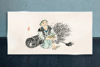 Old man with a broom Glass Wall Art