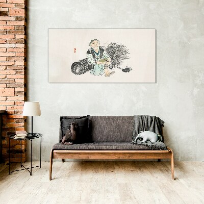 Old man with a broom Glass Wall Art