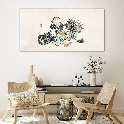 Old man with a broom Glass Wall Art