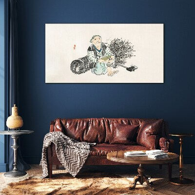 Old man with a broom Glass Wall Art