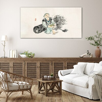 Old man with a broom Glass Wall Art